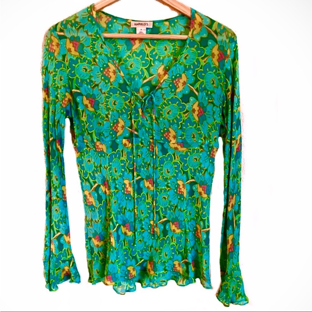 Harolds 100% Silk Tie Front Green Floral Top Blouse - Picture 3 of 8